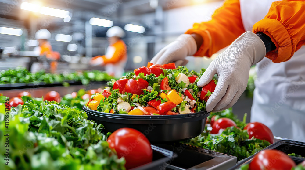 Poster fresh vegetables being sorted food processing facility, showcasing robotic system efficiently handli
