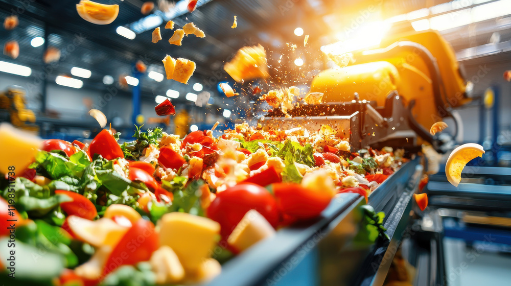 Poster robotic system efficiently sorts fresh vegetables and fruits in vibrant food processing facility, sh