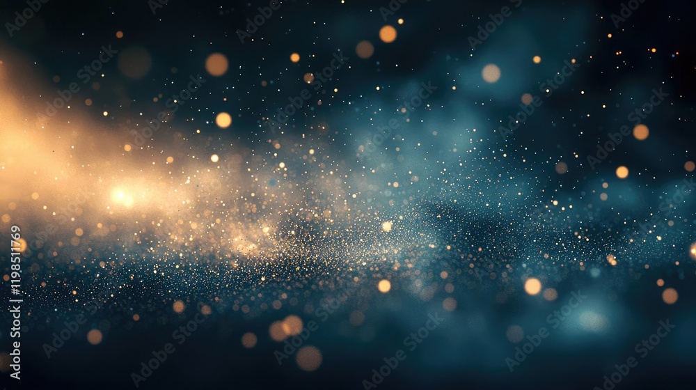 Poster Dust pollution idea. Abstract cosmic background with golden bokeh and dark blue color tones, visually stunning.