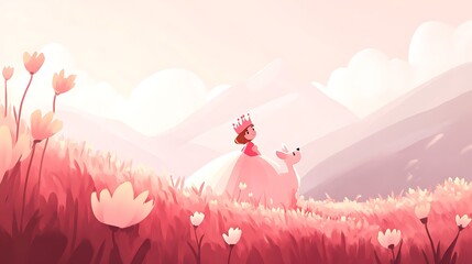 A charming illustration of a child in playful attire, accompanied by a beloved pet, set in a pastel-toned environment. 