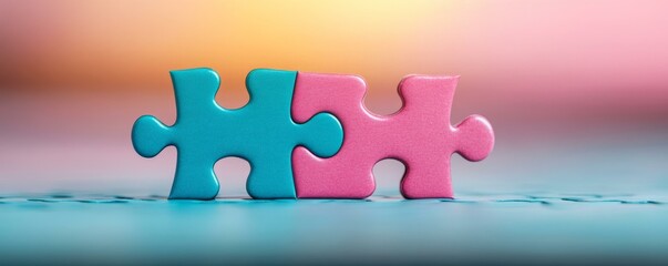 Two interlocking puzzle pieces on a wooden table close-up view concept of problem solving focused