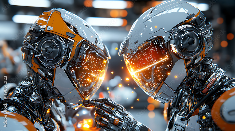 Poster robot interaction event futuristic setting digital art high-tech environment close-up view ai concep