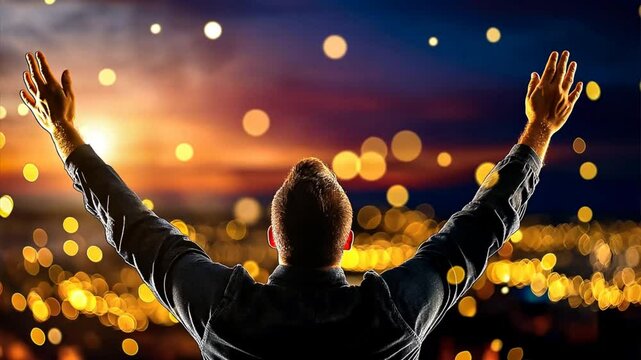 Man Praying with Raised Hands on Christmas Eve