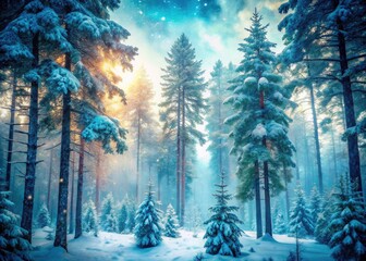 Surreal winter wonderland: double exposed pines intertwine, blurring reality in a breathtaking nature photograph.