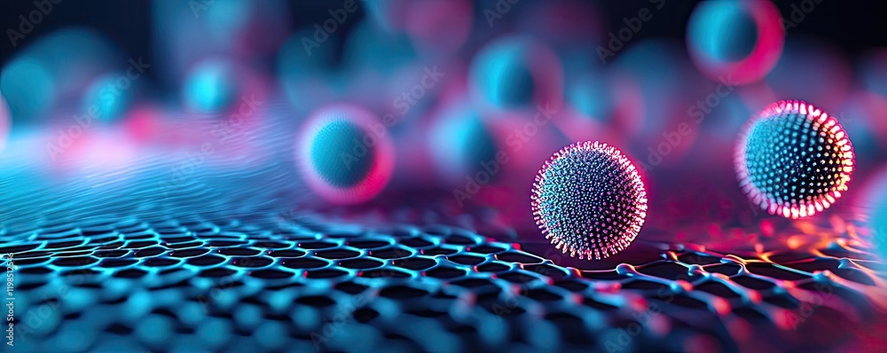 Poster Dust pollution concept. Colorful and vivid depiction of molecular structures on a digital surface.