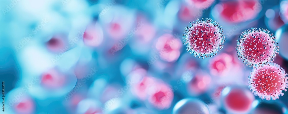 Poster dust pollution concept. close-up view of colorful microscopic cells under a blue background.