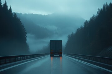 Misty Mountain Road with Truck Driving Through Fog and Rain on a Remote Highway Surrounded by Dense Forest and Hills at Dusk