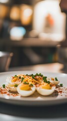 Delicious Deviled Eggs Garnish with Paprika and Chives