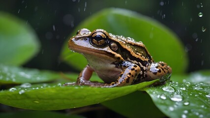 Fototapeta premium Leaf Perch: The Striking Striped Rocket Frog Up Close