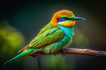 Fototapeta premium Asian Green Bee-eater Bird on Branch, Low Light Portrait Photography