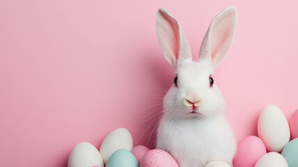 White rabbit surrounded by colorful easter eggs on a soft pink background for spring celebration