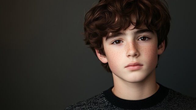 Image of the face of boy 12 years old with brown hair brown eye a black and grey pull-over