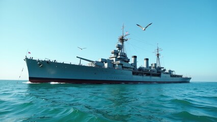 A majestic battleship dominates the ocean horizon with its hull gleaming under the sun. Seagulls soar gracefully overhead, adding life to this serene maritime scene.  