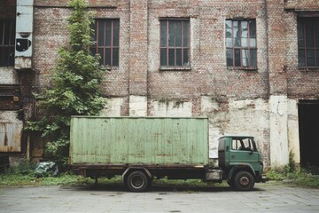 Abandoned Green Truck Beside a Weathered Brick Wall in an Urban Setting Surrounded by Overgrown Vegetation and Crumbling Structures