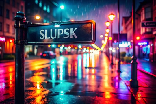 Atmospheric Night Shot: Signpost Guiding to Slupsk, Poland
