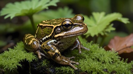 Obraz premium Nature’s Mirror: The Striped Rocket Frog on Water Lilies