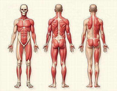 Human Muscular System Anatomy: Front, Back, and Side Views