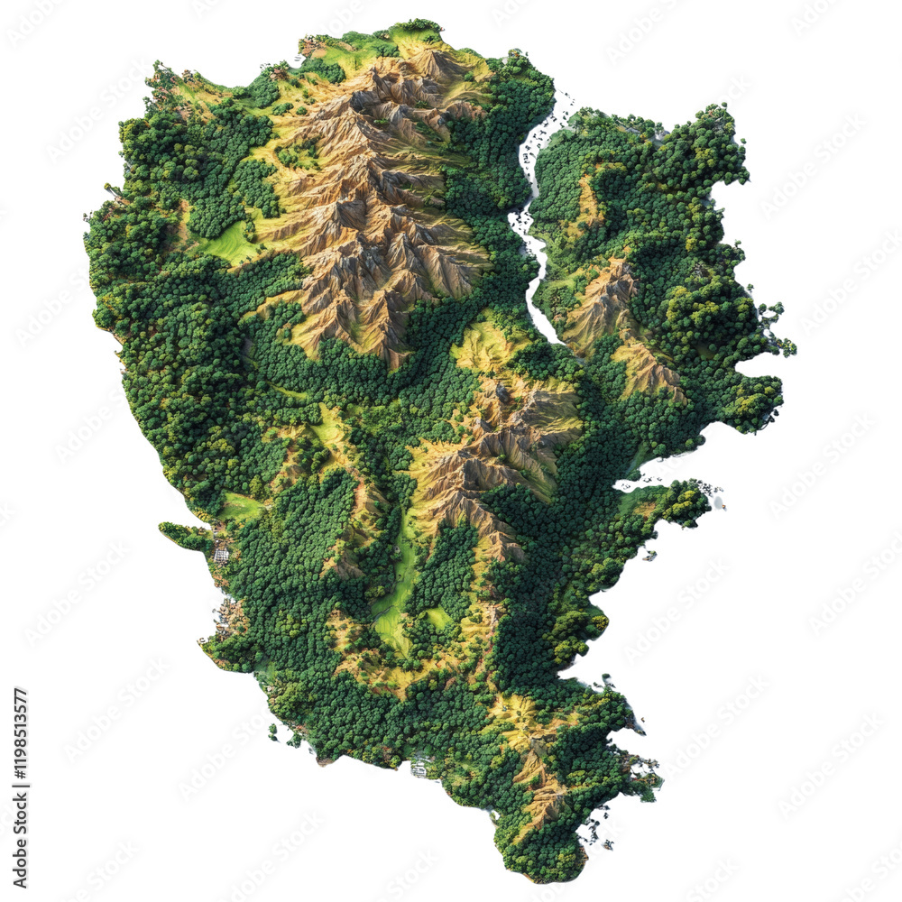 Poster A digitally rendered image depicts a verdant island with a mountainous spine, dense forests and a winding river.