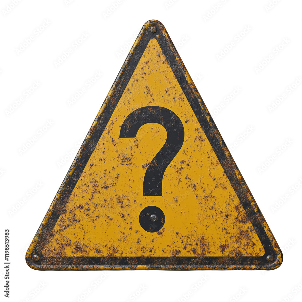 Poster A rusty, weathered triangular warning sign displays a large black question mark against a yellow background, suggesting uncertainty or a problem.