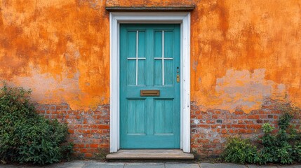 Vibrant turquoise door set against a weathered orange wall, surrounded by lush greenery, inviting entry