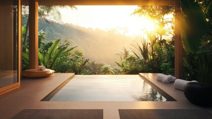 Serene Infinity Pool Overlooking Lush Tropical Landscape at Sunset.