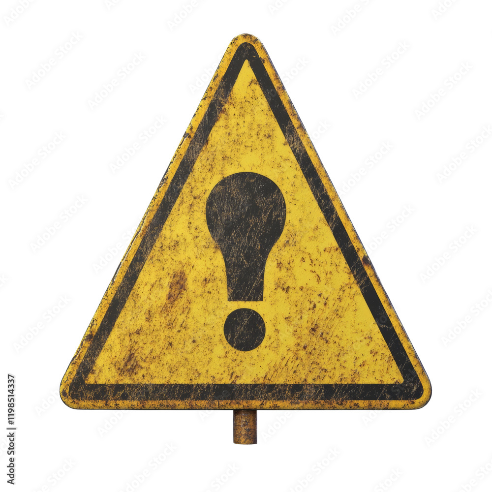 Poster a weathered yellow triangular warning sign with a black exclamation mark indicates potential danger 