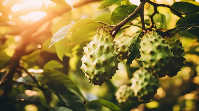 Atemoia fruit on the tree. Atemoya plantation farm. Healthy and organic fruits. Ripe cherimoya ( annona cherimola) fruit of the genus annona, soursop, custard apple, sugar apple, soursop, sweetsop