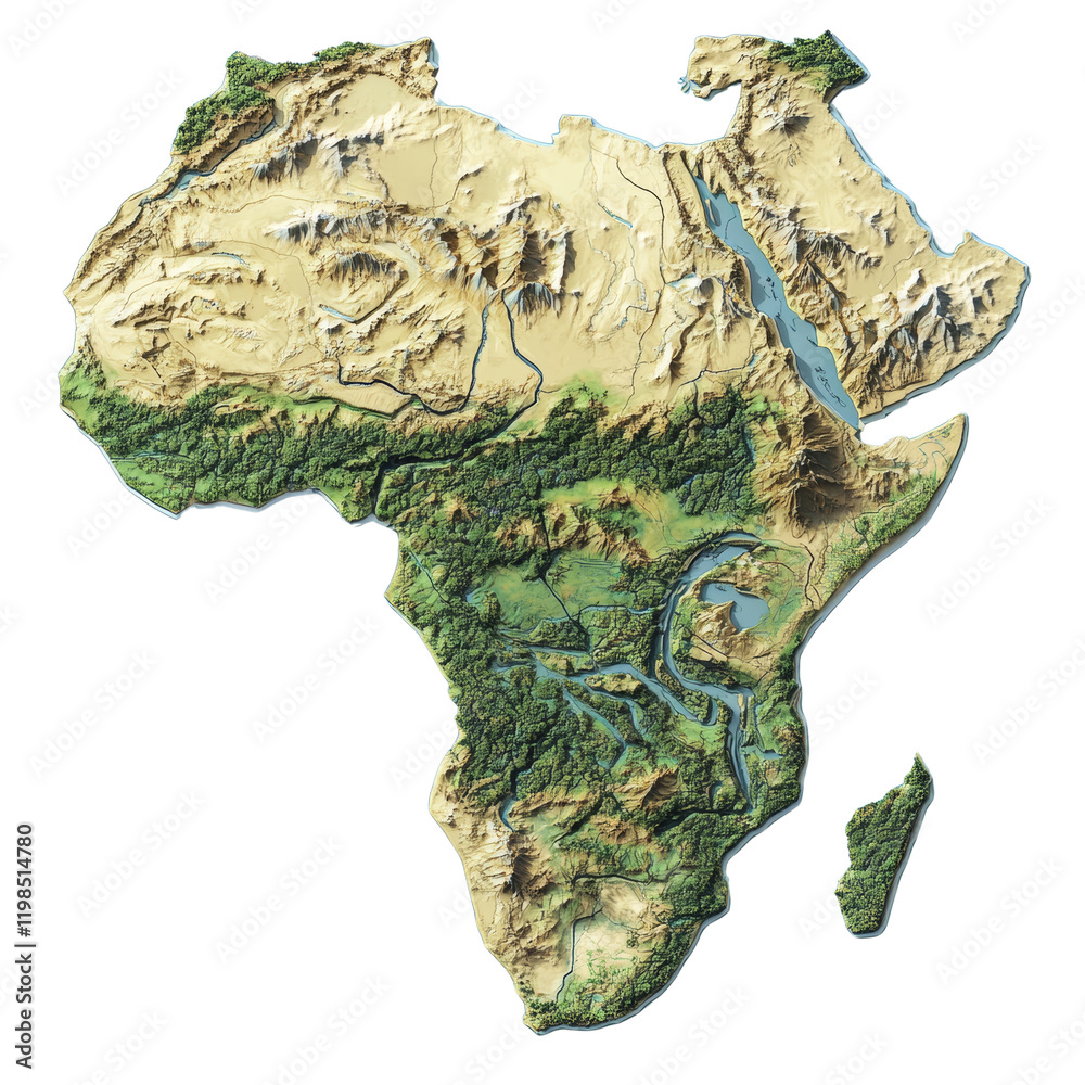 Poster this image shows a detailed three dimensional topographical map of the african continent highlightin