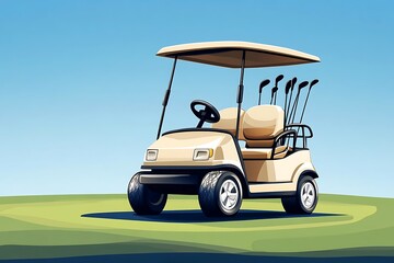 Cream Golf Cart on Lush Green Fairway, Sunny Day Illustration