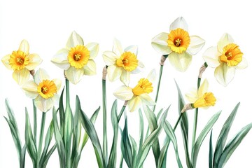 Watercolor daffodils bouquet, spring flowers isolated on white.