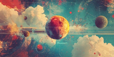 A retro space-age theme with fragmented imagery.