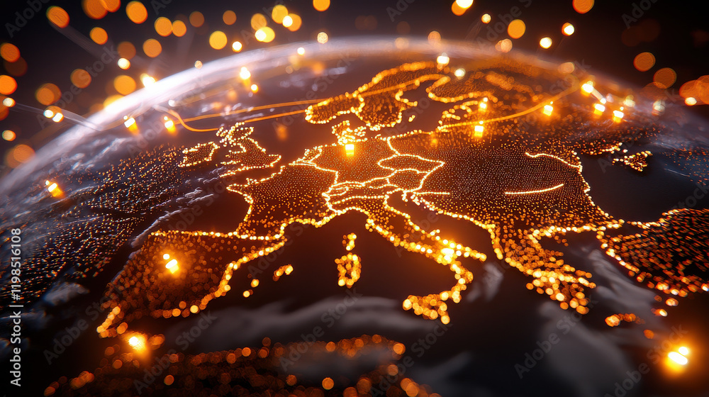 Aufkleber cinematic visualization of europe illuminated by glowing connections, showcasing network of financia