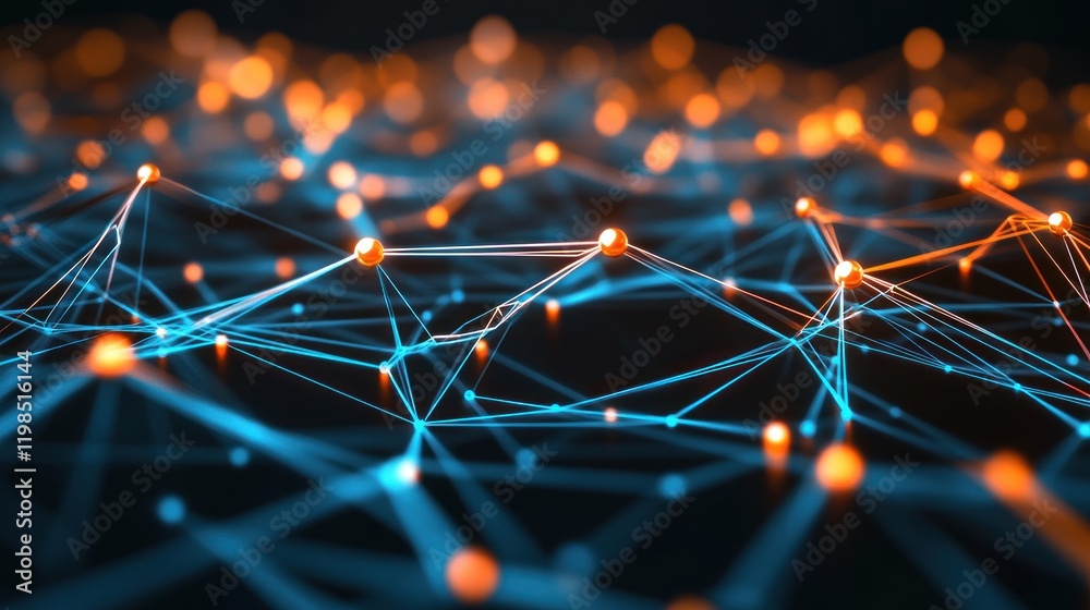 Poster abstract network: interconnected nodes and data streams in a digital landscape
