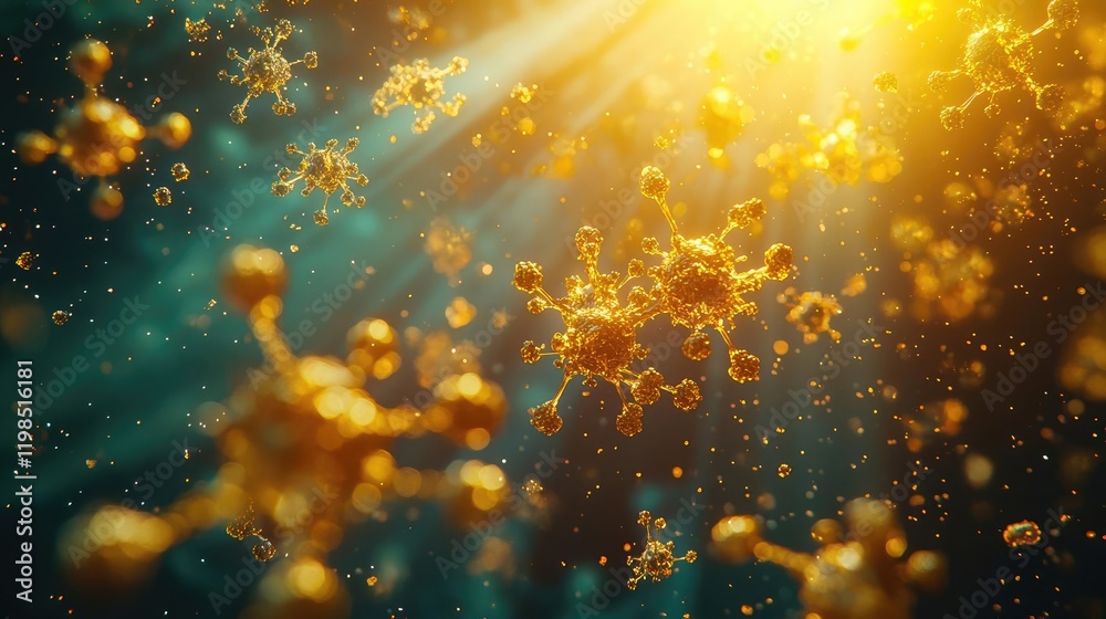 Poster dust pollution concept. a stunning view of golden particles floating in a sunlit underwater environm