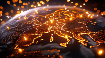 cinematic visualization of Europe illuminated by glowing connections, showcasing network of financial hubs and data flow across continent