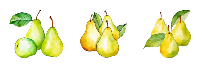 Obraz premium Watercolor Illustration of Ripe Pears with Green Leaves for Natural Food Themes, on a white and transparent background, PNG.