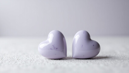 Two small lavender ceramic hearts resting on a light gray surface