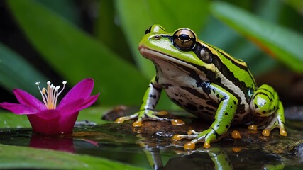 Obraz premium Grace in Motion: The Buzzing Nursery Frog Soaring Through the Forest