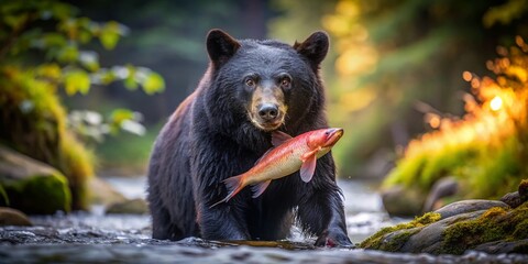 Fototapeta premium Black Bear Catching Pink Salmon: Majestic Wildlife Fashion Photography