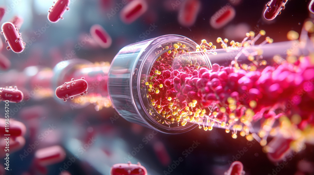 Poster close up depiction of nanobots enhancing delivery of substances through transparent tube filled with