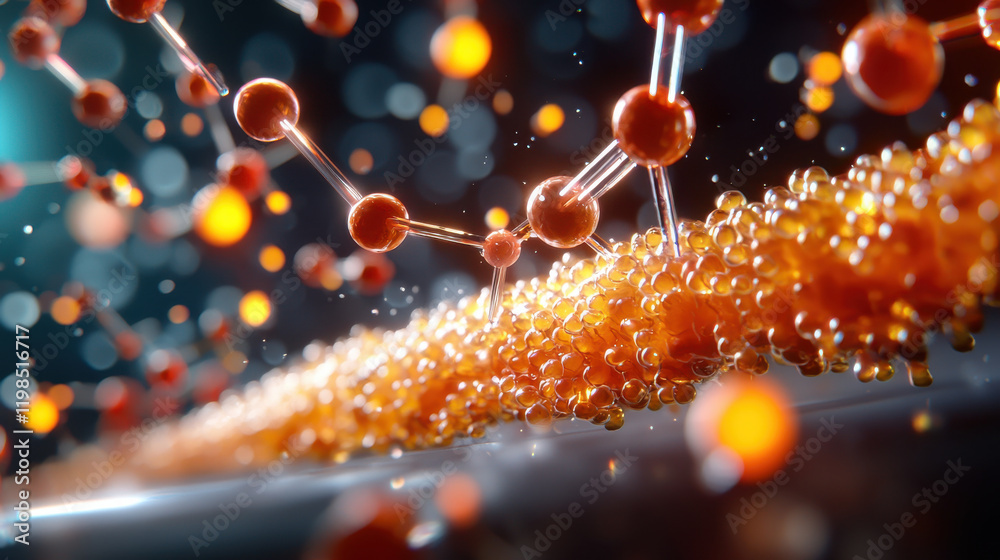 Fototapete close up depiction of nanobots enhancing delivery of molecules, showcasing vibrant orange particles 
