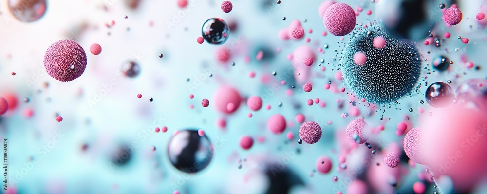Poster Dust pollution concept. Abstract representation of molecules and particles in vibrant colors and dynamic patterns.
