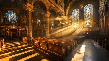 Fototapeta premium Sunbeams illuminate a church's interior, highlighting stained-glass windows and wooden pews.