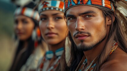 Portrait of three indigenous individuals in traditional attire, showcasing rich cultural heritage outdoors