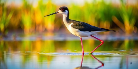 Black-Necked Stilt Wading in Pond - Elegant Bird in Natural Habitat