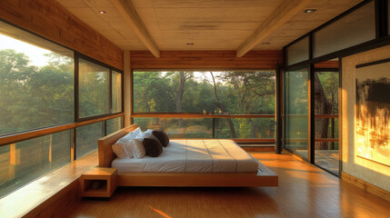 modern wooden house bedroom interior