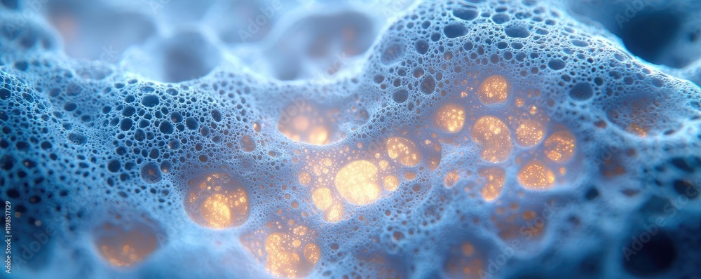 Aufkleber Dust pollution idea. Close-up view of bubbles and foam with glowing particles, creating an abstract background.