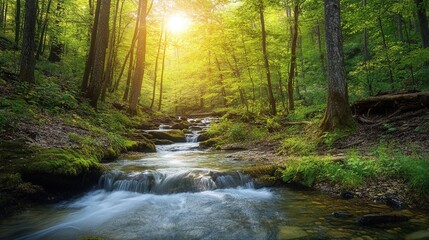 Fototapeta premium Sunlit stream flowing through lush forest nature photography serene environment gigapixel quality