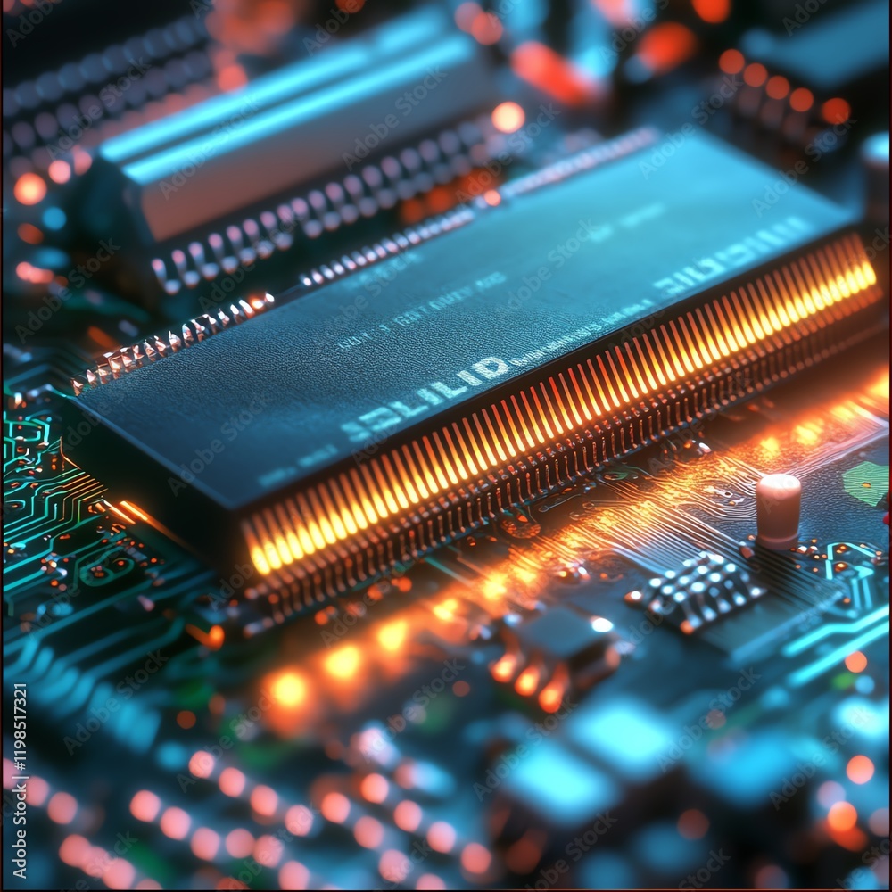 Poster close-up view of a computer circuit board with illuminated components showcasing intricate electroni