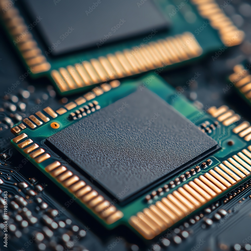 Poster close-up view of microprocessor chips showcasing intricate details on a circuit board